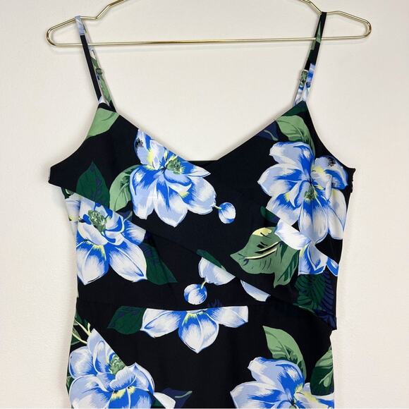 Banana Republic Black‎ Blue Floral Asymmetrical Faux Wrap Midi Dress Size 2 - Picture 3 of 9